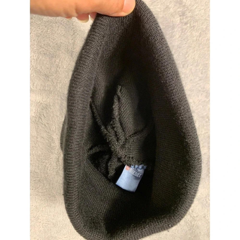 Diesel Denim Division Knit Beanie Hat Mens Black Made in Italy Cuffed One